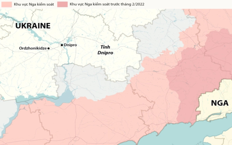 Nga phá hủy trận địa Patriot Ukraine bằng tên lửa Iskander. Vị trí thị trấn Ordzhonikidze thuộc tỉnh Dnipro. Đồ họa: RYV