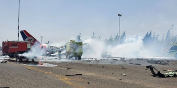 Israel phá hủy máy bay của Houthi tại sân bay thủ đô Yemen. Sân bay ở Sanaa, Yemen sau vụ tập kích của Israel hôm 28/5. Ảnh: Al Masirah