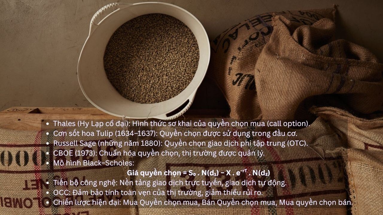 Nguồn gốc của giao dịch quyền chọn bắt nguồn từ Hy Lạp cổ đại, nơi nhà triết học Thales xứ Miletus được ghi nhận là người đã đưa ra một trong những ví dụ sớm nhất về hợp đồng quyền chọn. Thales, nổi tiếng với trí tuệ uyên bác, đã dự đoán một vụ thu hoạch ô liu bội thu và nghĩ ra một chiến lược để tận dụng dự báo này. Ông tiếp cận những người chủ xưởng ép ô liu và trả cho họ một khoản phí để đặt trước máy ép của họ cho một ngày trong tương lai, về cơ bản là đảm bảo quyền sử dụng chúng khi vụ thu hoạch đến.