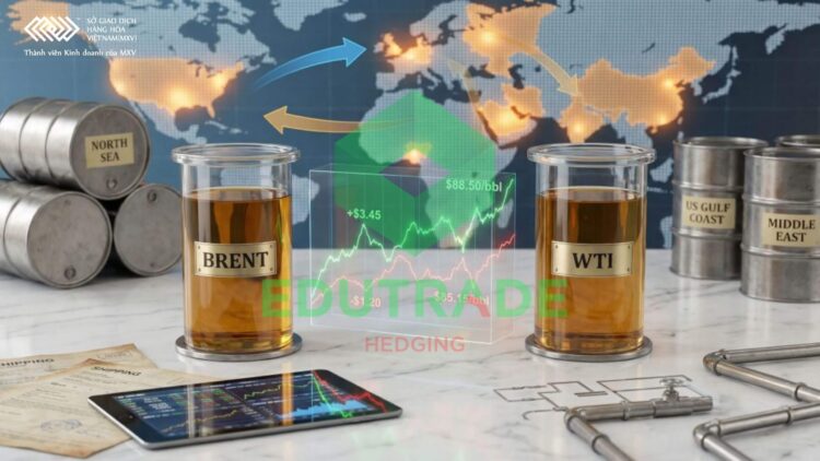 Dầu thô Brent chủ yếu đến từ Biển Bắc và được dùng làm chuẩn mực cho thị trường châu Âu, châu Phi và Trung Đông. Dầu West Texas Intermediate (WTI) là chuẩn mực cho thị trường dầu mỏ của Mỹ và được khai thác từ các mỏ dầu của Mỹ. Dầu Brent có chi phí vận chuyển thấp hơn vì được sản xuất gần biển, trong khi dầu WTI nằm sâu trong đất liền, làm tăng chi phí vận chuyển. Thông thường, giá dầu WTI thấp hơn giá dầu Brent.