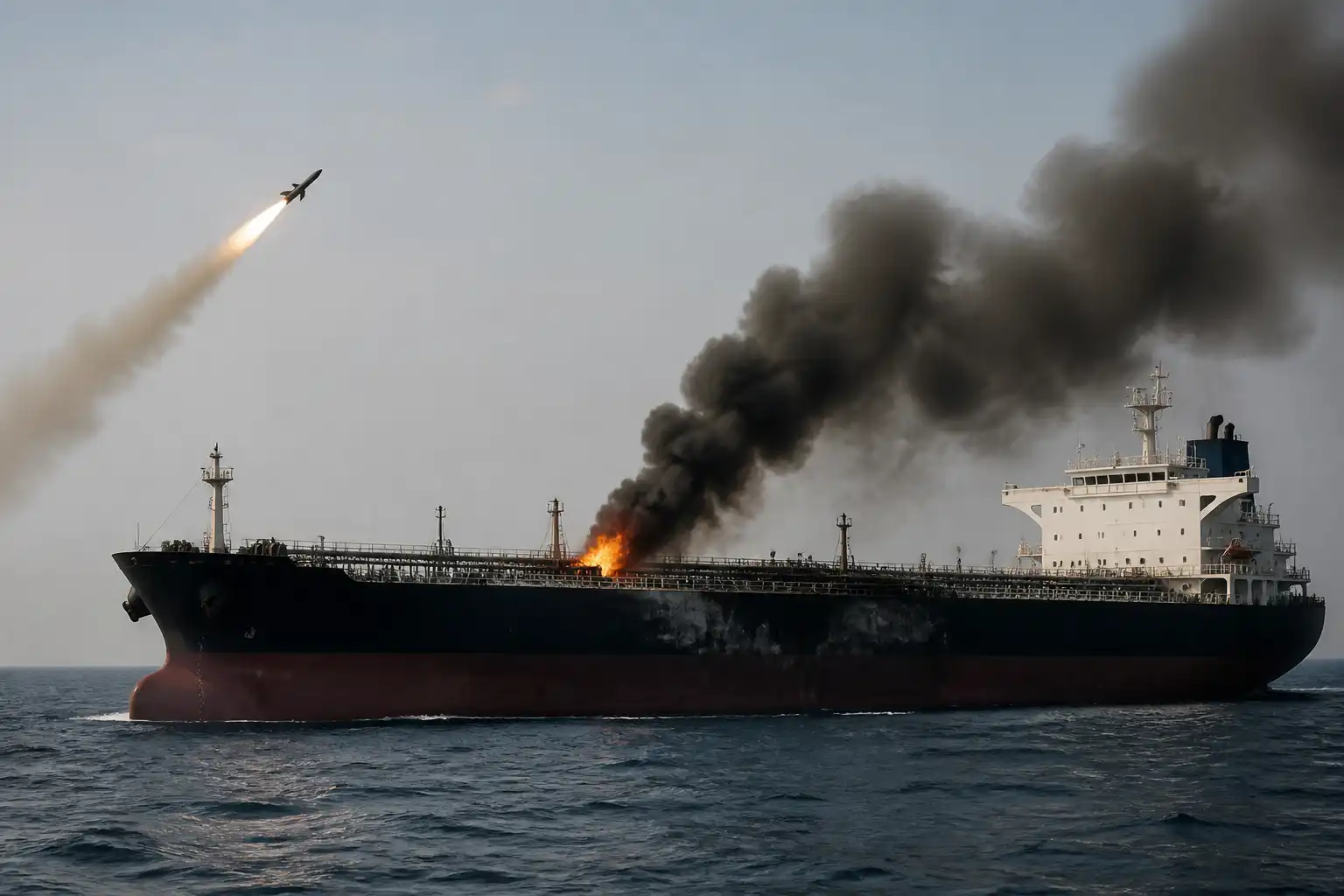 Illustration of Houthi tấn công tàu chở dầu Saudi ở Biển Đỏ bằng tên lửa, drone