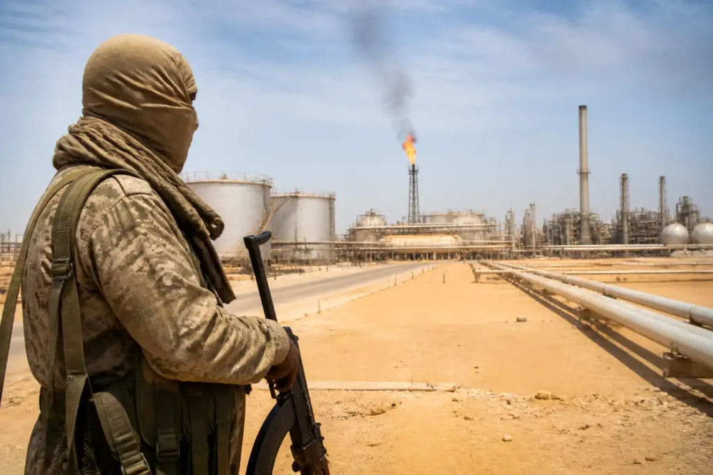 Illustration of Libya đe dọa bất khả kháng khi lực lượng bảo vệ dầu mỏ đóng cửa mỏ dầu