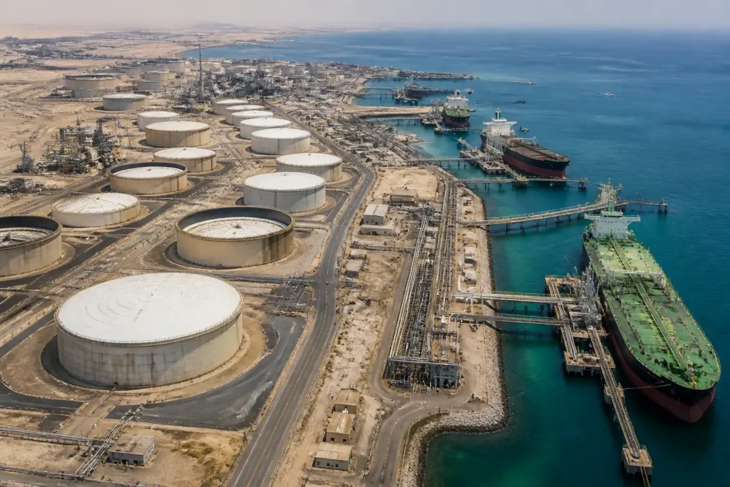 Illustration of StanChart: giá dầu sàn cao hơn khi khủng hoảng Hormuz lan sang Saudi Arabia