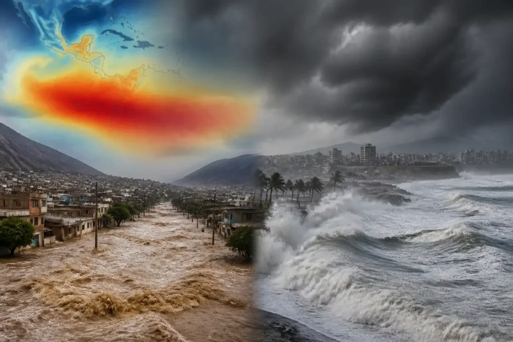 Split scene of a flooded city street and stormy ocean under dark clouds at sunset