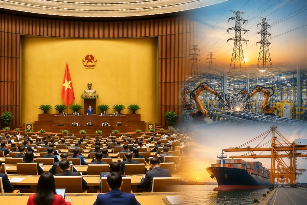 Collage of a government assembly hall, power towers, pipeline site, and cargo port at sunset