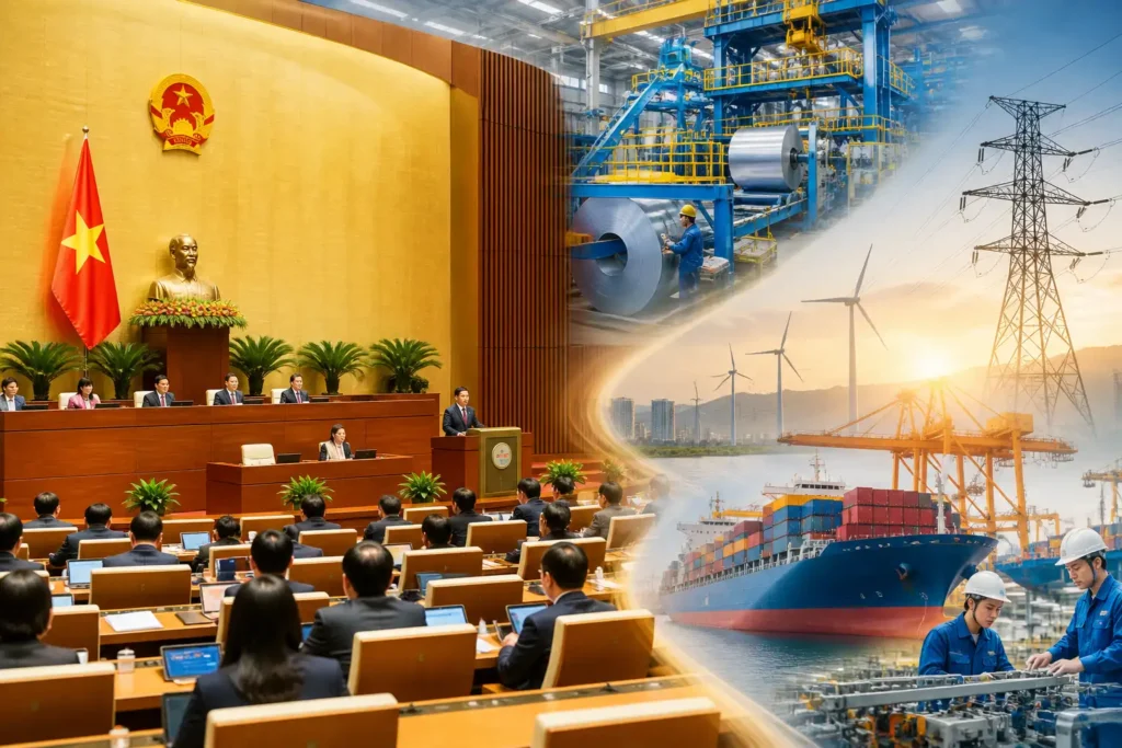Vietnamese power plants, transmission lines, ships, and industrial infrastructure supporting energy policy