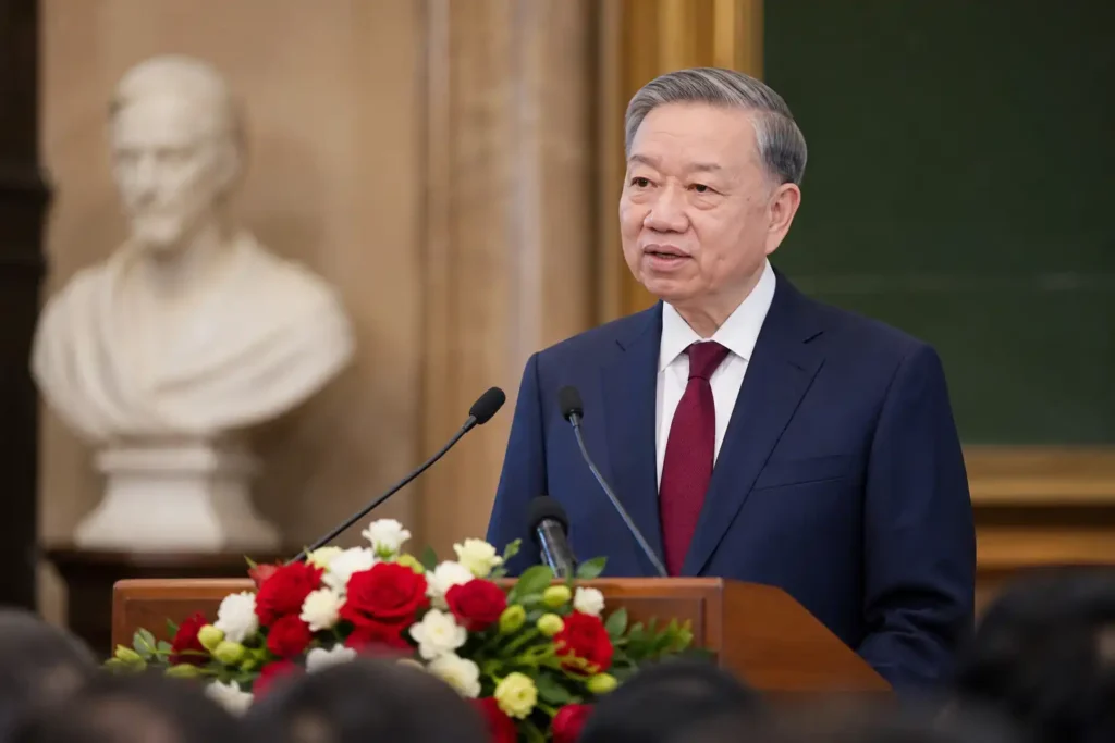 Man in a suit speaking at a podium with microphones and flowers in a formal indoor setting