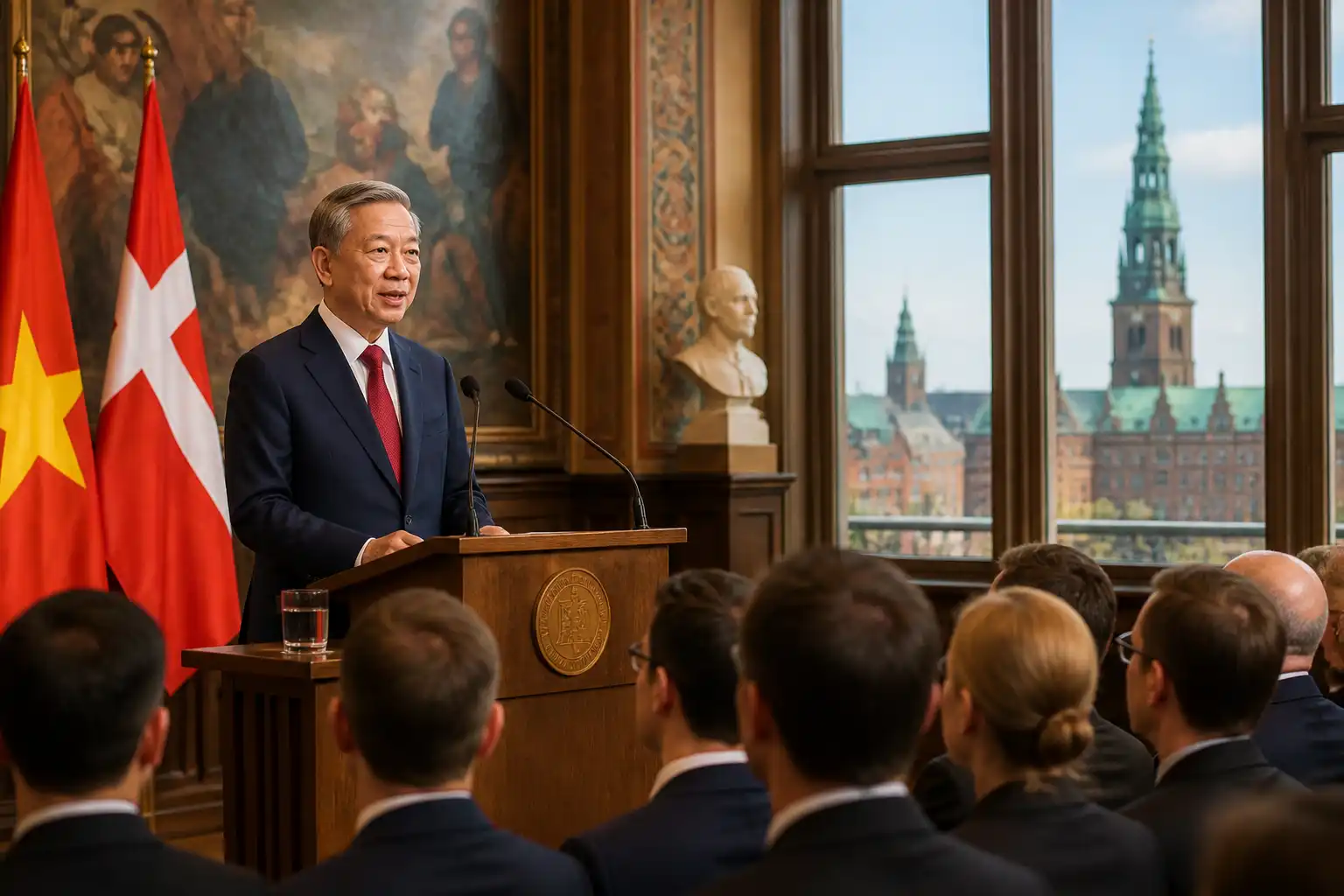 Chinese official speaking at a podium at a formal event, with national flags and a city skyline behind him.