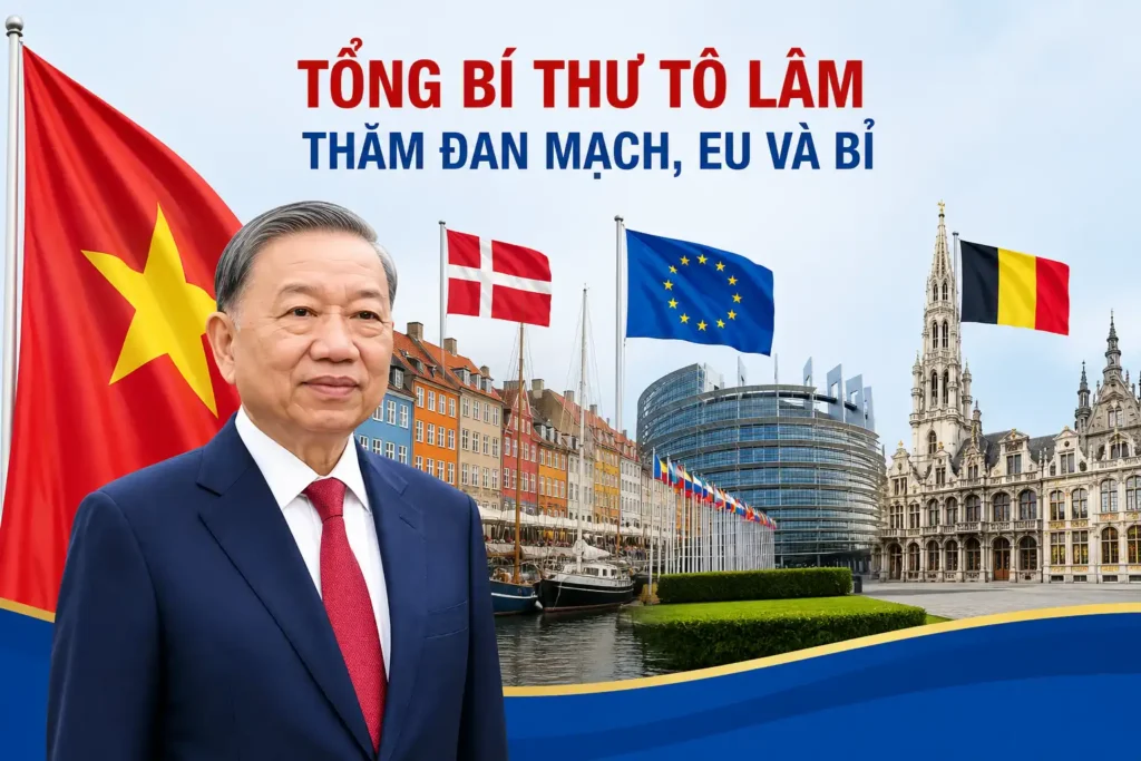 Vietnamese leader To Lam pictured with the flags of Denmark, the EU, and Belgium during a diplomatic visit graphic