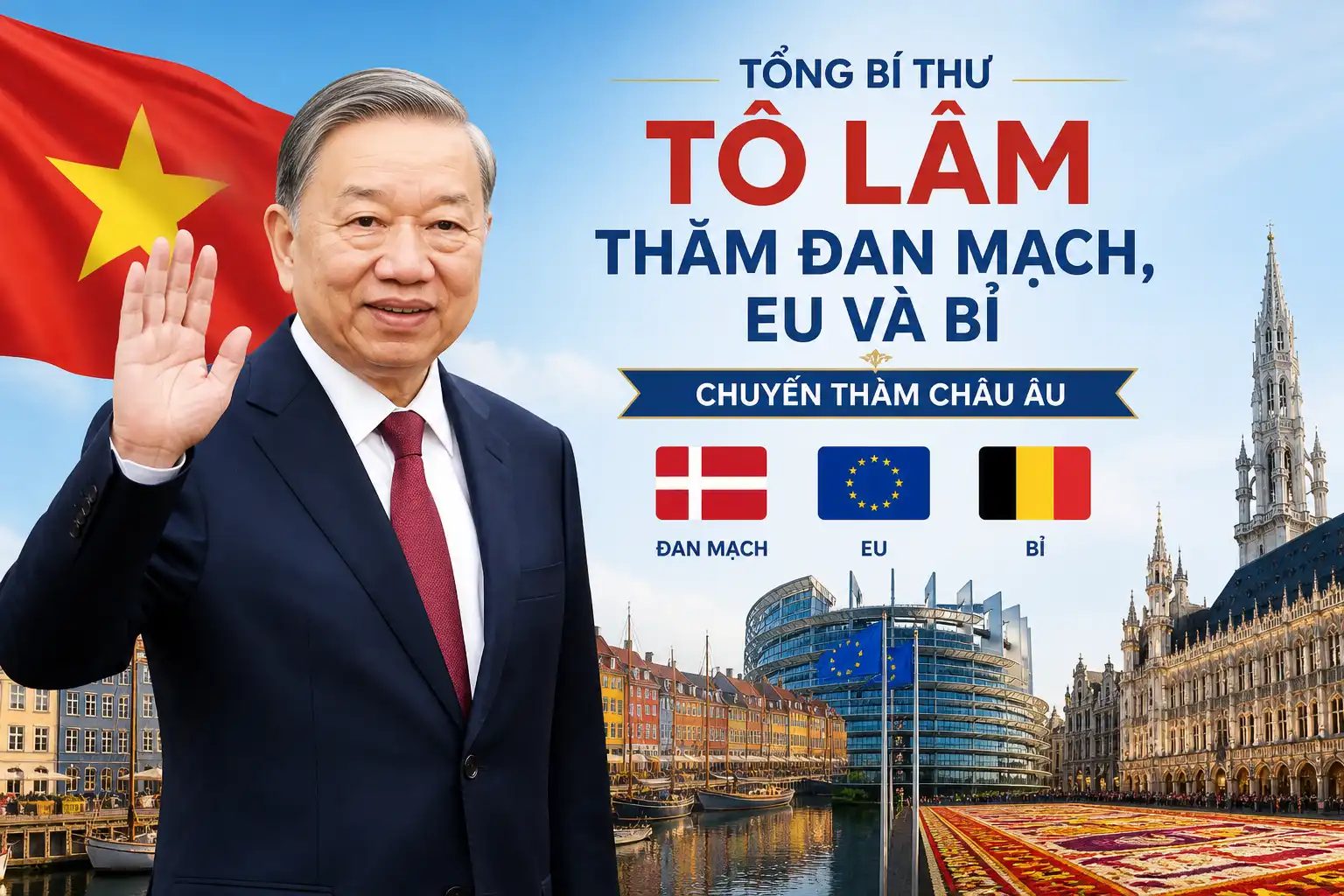 Vietnamese leader Tô Lâm waves beside a travel graphic for visits to Denmark, the EU, and Belgium