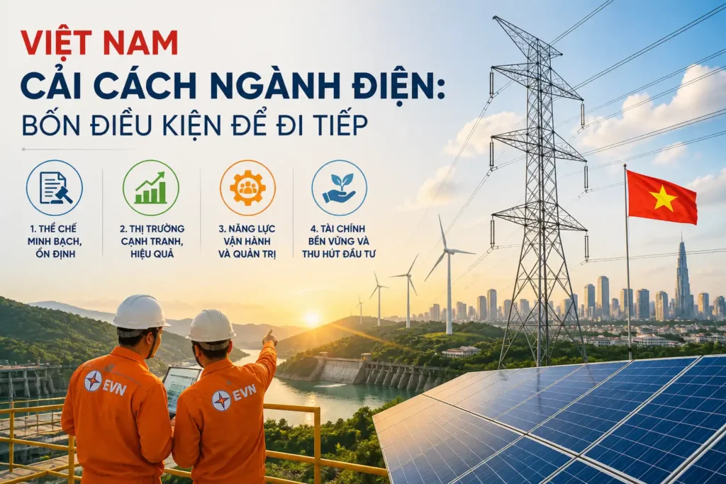 Vietnam electricity reform infographic with power grid towers, solar panels, and a city skyline at sunset