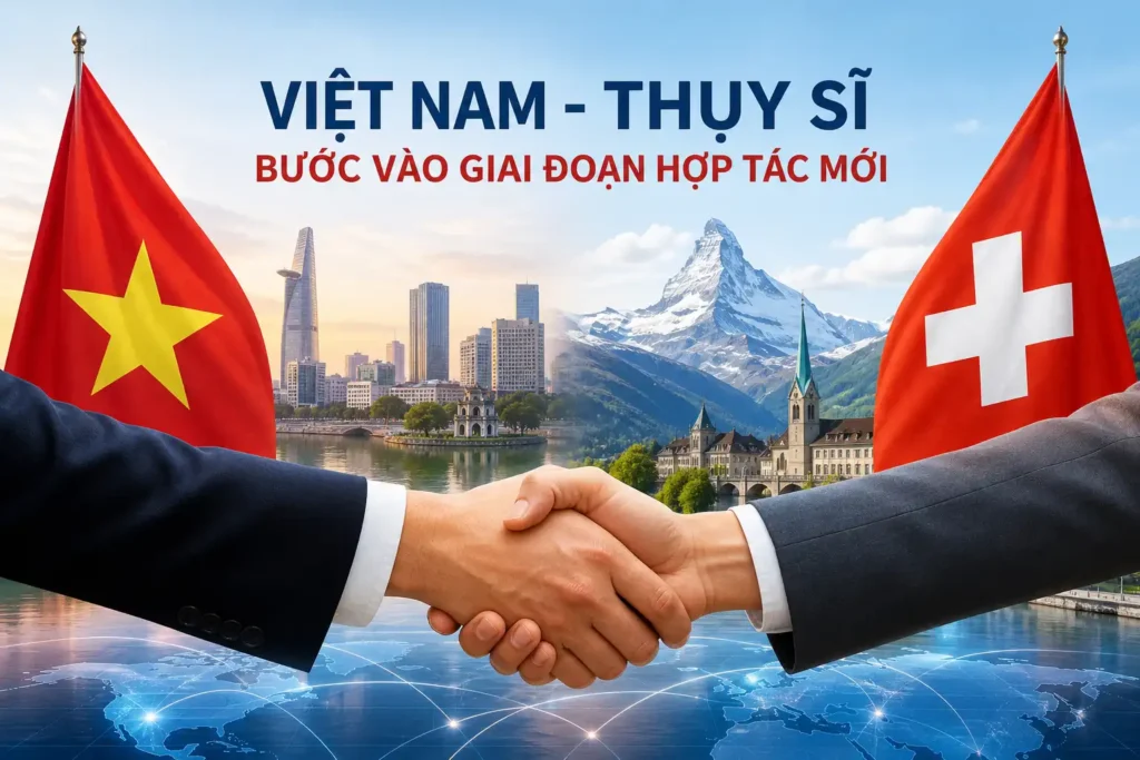 Vietnam and Switzerland flags with a handshake over a cityscape and mountain backdrop.