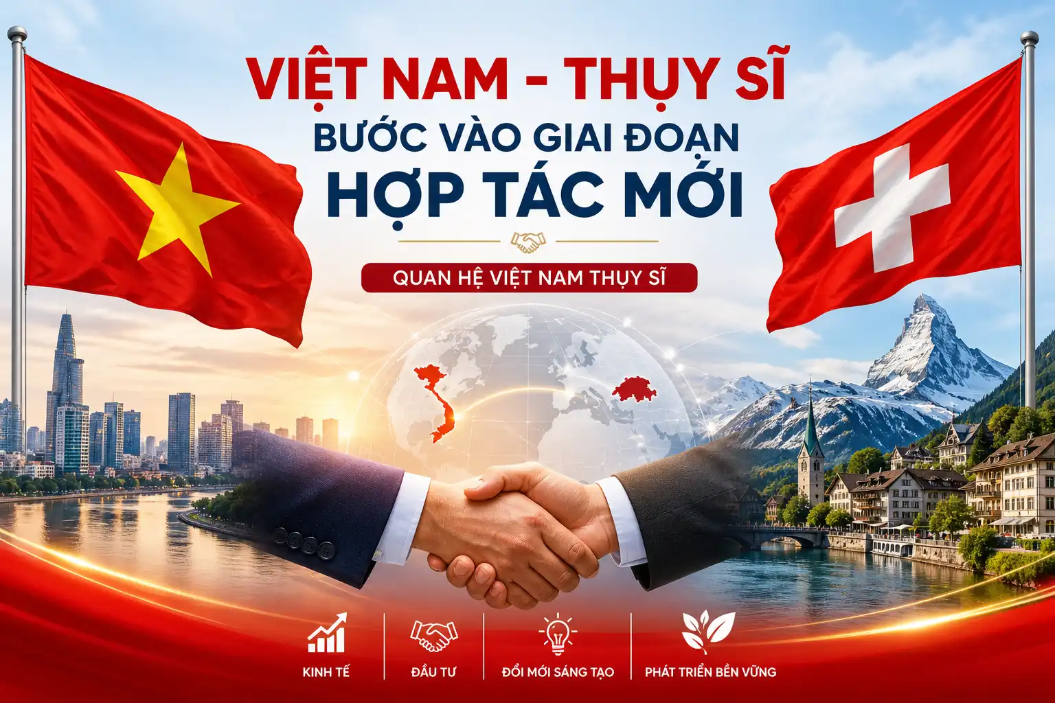 Vietnam and Switzerland partnership banner with handshake, national flags, and cityscape backdrop